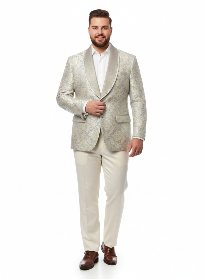 Mens Champaign Silver and Cream Embroidered Luxury Blazer Floral Pattern Wedding & Party Dinner Jacket in Light Tan Color