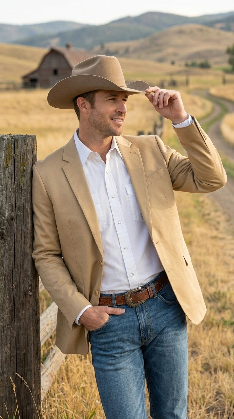 Men’s Tan Camel British khaki Western Blazer – Two Button Classic Casual Sport Coat - Cowboy Country Coat - 36 Short