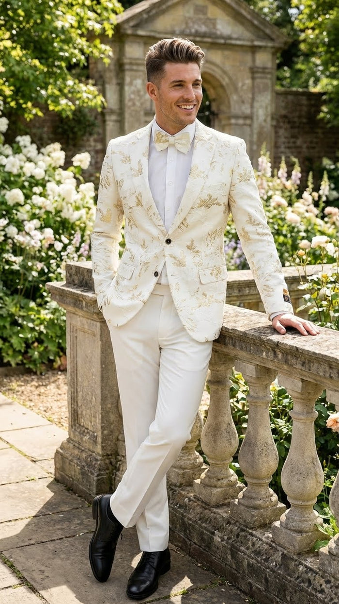 Mens White and Gold Patterned Blazer Paisley Floral Pattern Prom Wedding Suit Tuxedo Dinner Jacket + Bowtie