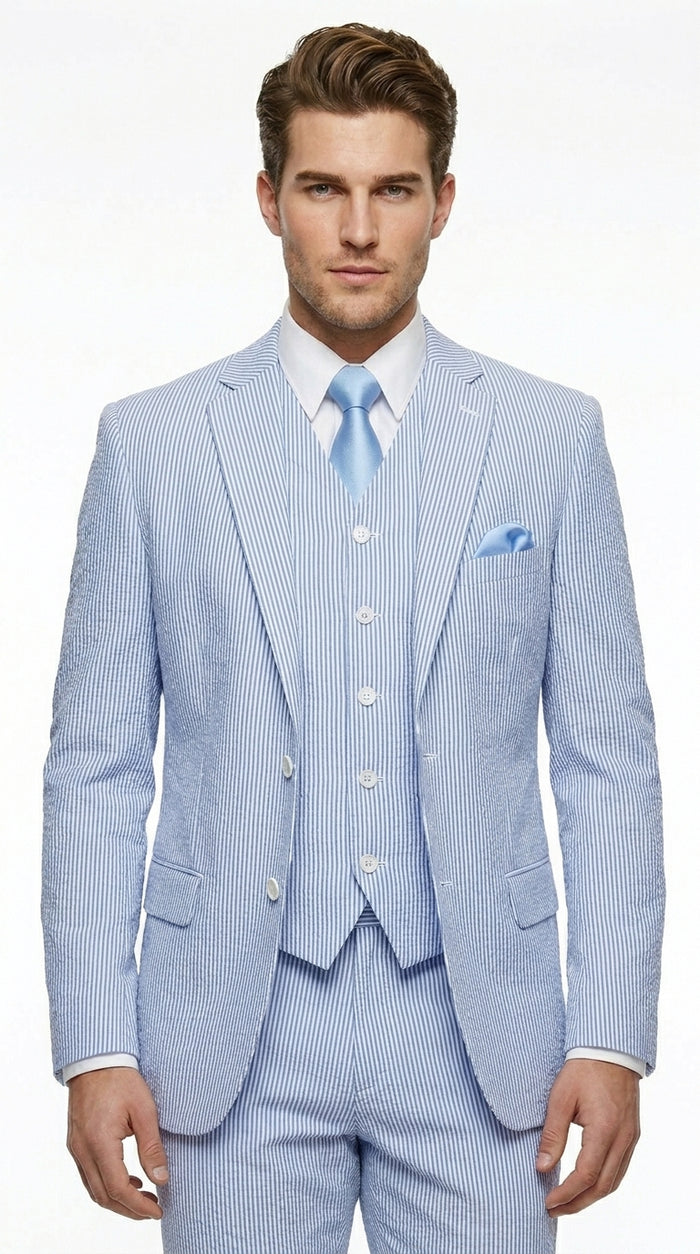 Cheap priced Suit - Mens 2 Button Jacket + Pants Summer Seersucker Blue Suit