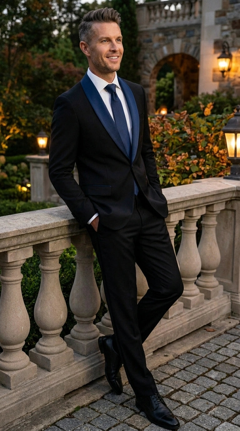 Men’s Black Suit with Navy Blue Lapel – Elegant Formal Tuxedo Style Suit for Wedding, Prom, Party and Evening Wear - 34 Short or Extra Small