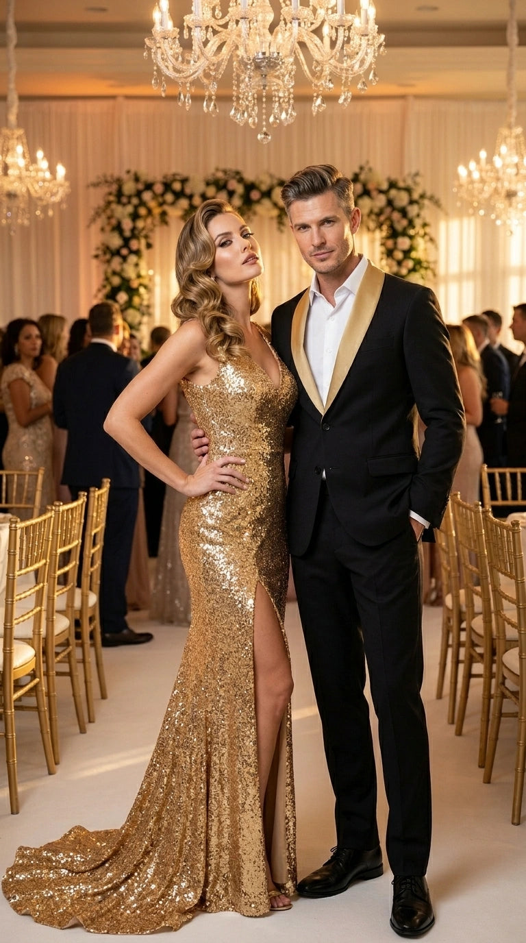 Men’s Black Suit with Gold Lapel – Luxury Formal Tuxedo Style Suit for Wedding, Prom, Party and Evening Wear - 34 Short or Extra Small