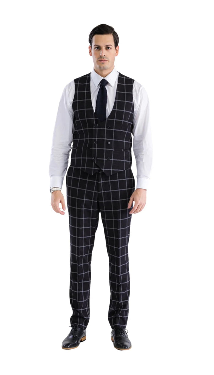 Mens Plaid Suit - Black Windowpane Suit - 1920 Suits