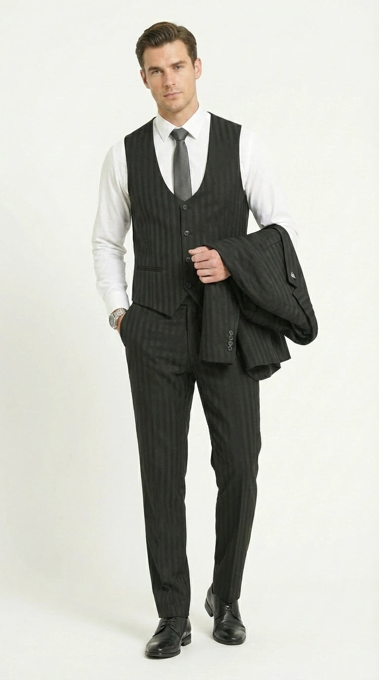 Men’s Black Pinstripe 3 Piece Suit – Vested Formal Business Suit for Wedding, Office, Prom and Party Wear - 34 Short or Extra Small