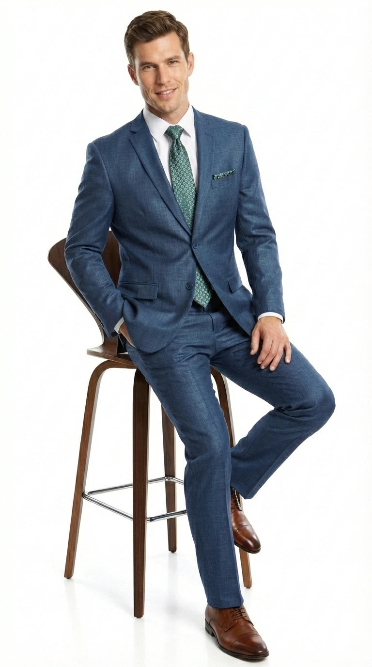 Men’s Indigo Blue Sharkskin Suit – Textured Shiny Formal Suit for Wedding, Business, 2 Buttons Slim Fitted - 34 Short or Extra Small