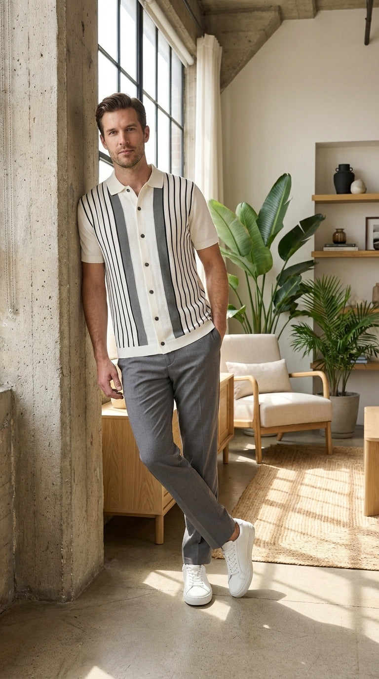 Mens White and Charcoal Gray Stripe Walking Suit Set – Short Sleeve Button Shirt and Pants Casual Summer Outfit for Travel, Vacation and Everyday Wear - S