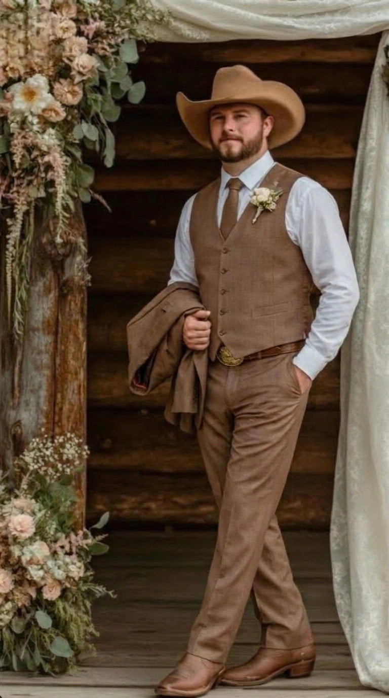 Men’s Light Brown Western 3 Piece Suit – Classic Country Style Blazer Vest Pants Set, Formal Cowboy Suit Toast - 34 Short or Extra Small