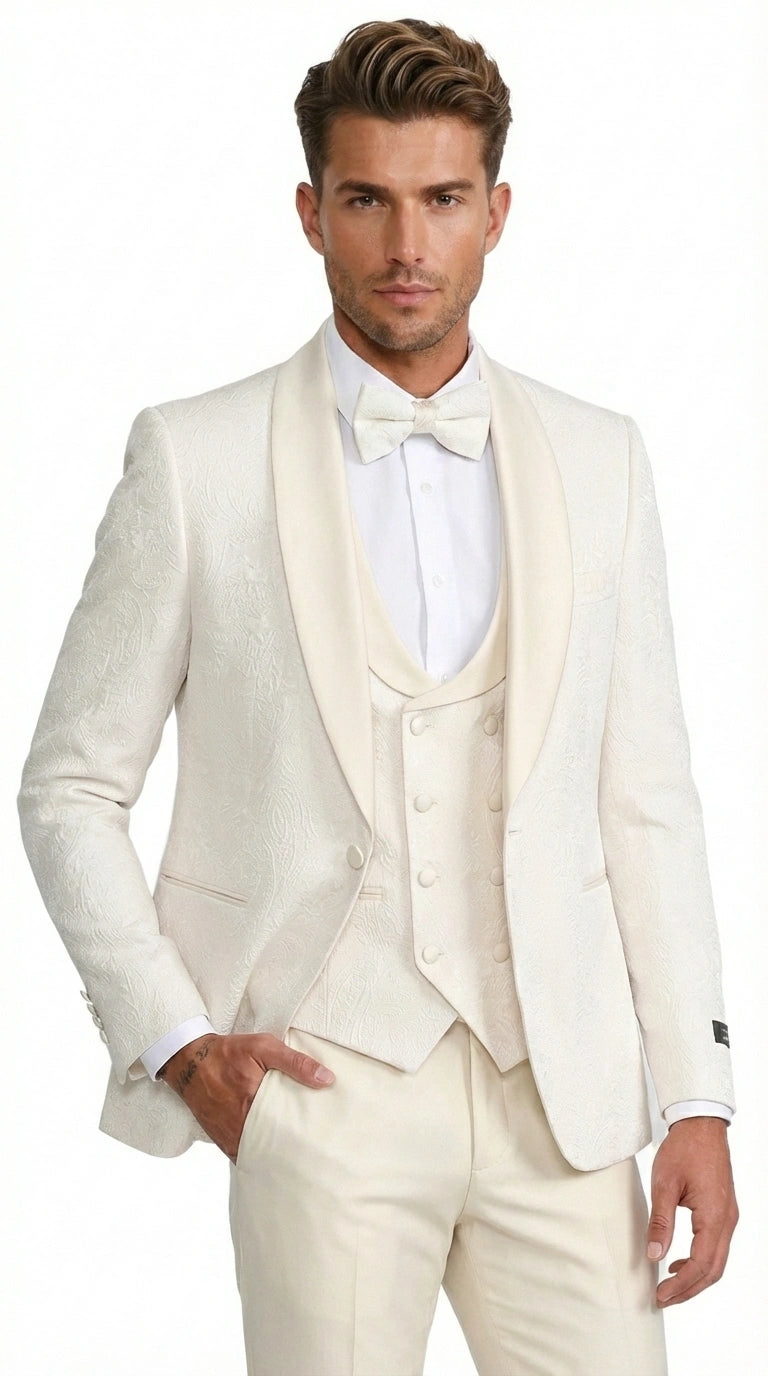 Men’s Ivory Paisley Tuxedo Suit 3 Piece – One Button Vested Satin Formal Suit for Wedding in Off white Cream Color - 40