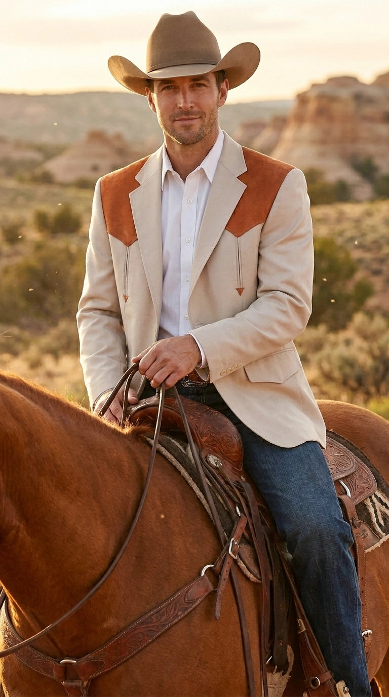 Men’s Tan Beige and Rust Western Cowboy Blazer – Classic Country Style Jacket, Vintage Western Dress Blazer for Men Country Jacket - 36 Short