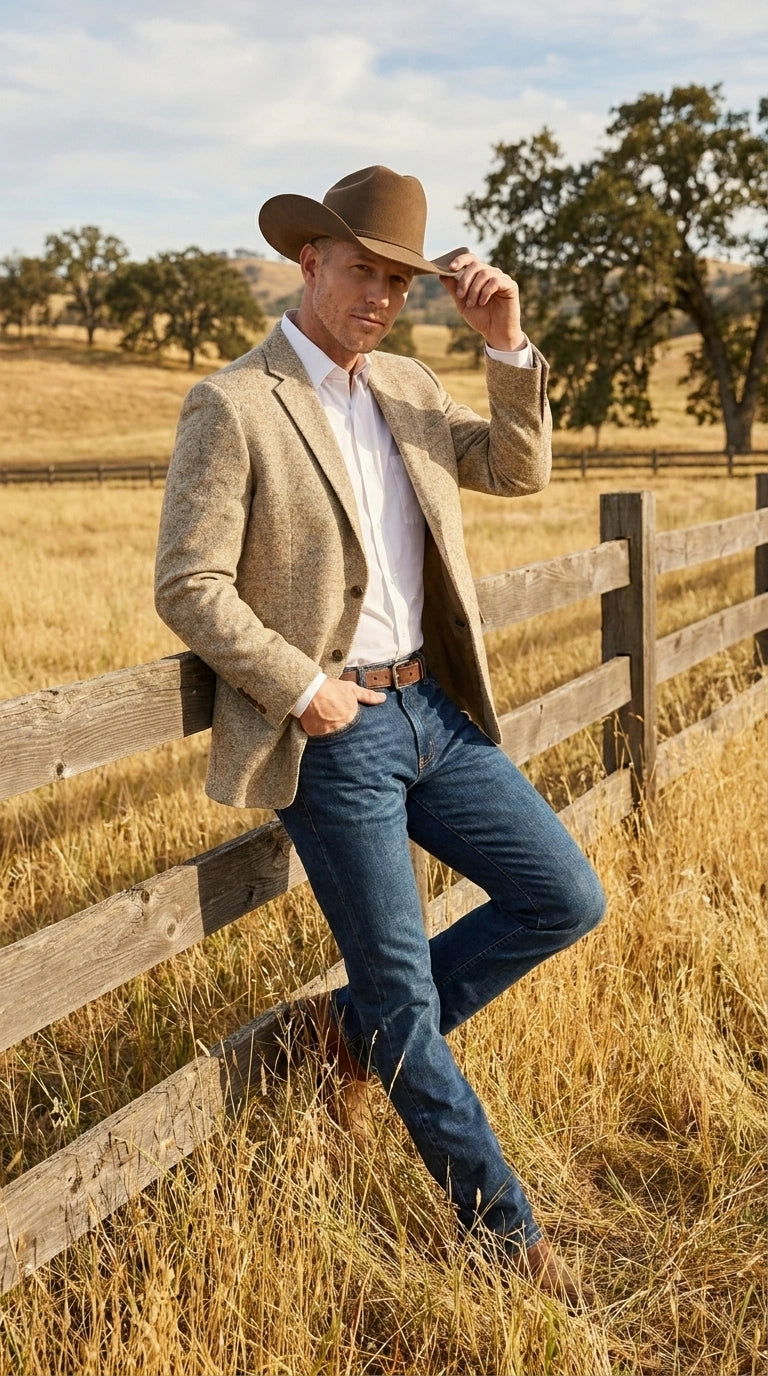 Men’s Light Tan Sand Tweed Cowboy Blazer – Country Style Western Jacket for Casual, Ranch, Saco Para Vaquero - 36 Short
