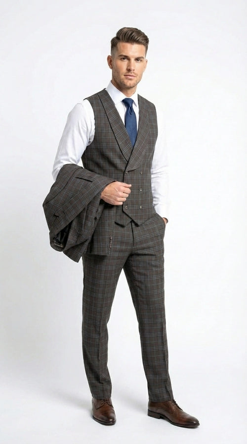 Vitali Men’s Brown Grey with blue Check 3 Piece Suit – Classic Plaid Formal Suit Set with Blazer, Vest & Trousers, Business Wedding Party Wear for Men Modern Fit