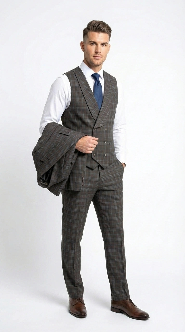 Vitali Men’s Brown Grey with blue Check 3 Piece Suit – Classic Plaid Formal Suit Set with Blazer, Vest & Trousers, Business Wedding Party Wear for Men Modern Fit - 34 Short or Extra Small