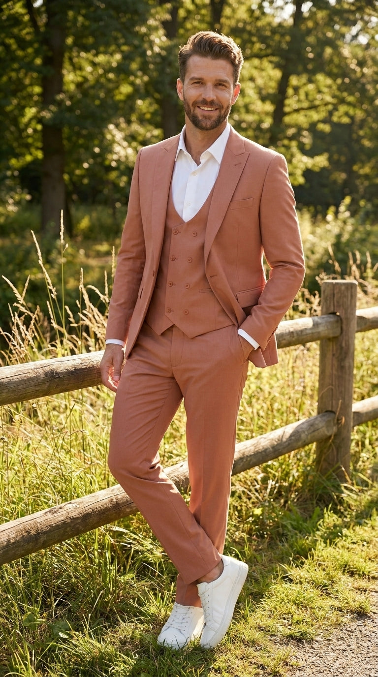 Men’s Peach Light Brown 3 Piece Suit – Wedding & Prom Formal Suit Set, Blazer Pants Double breasted vest - 34 Short or Extra Small