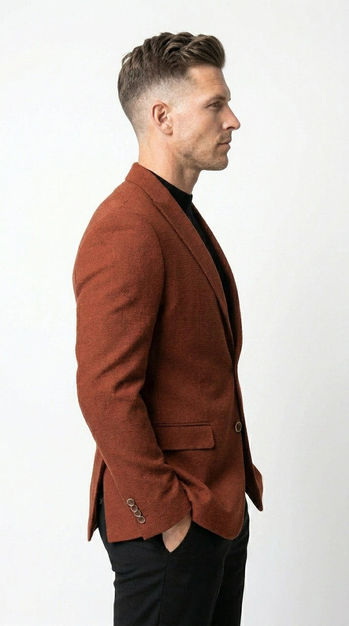 Men’s Rustic Brown Textured Blazer with Notched Lapel, Formal Dress Jacket for Weddings, Parties, Business Look