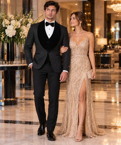 Gianni | Black with Black Velvet Lapel 3-Piece Tailored-Fit Tuxedo Black Velvet Suits and Tuxedos
