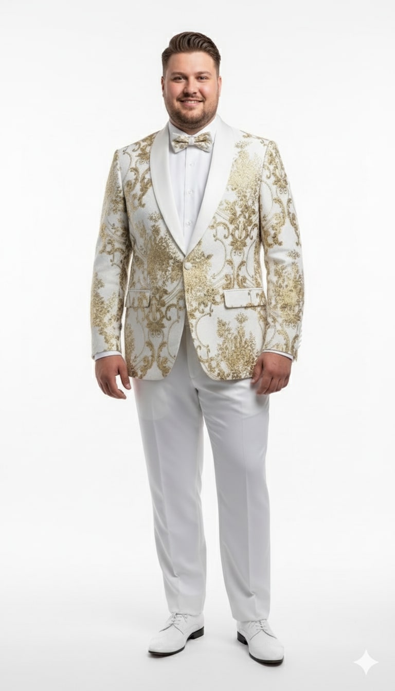 Mens White and Gold Floral Tuxedo Jacket with Satin Lapel – Luxury Prom, Wedding, and Formal Dinner Blazer - 34 Short or Extra Small