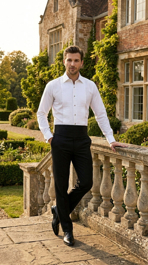 Men’s White Cotton Tuxedo Shirt with Spread Collar, French Cuffs and Pleated Front