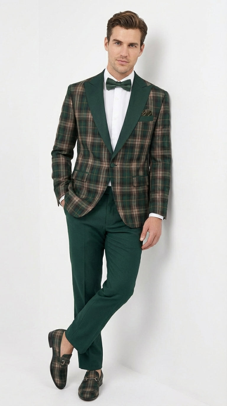 Mens Tartan Green and Brown Blue Plaid Tuxedo Dinner Jacket Set – Checkered Prom Blazer with Dark Green Pants Formal Wedding Party Wear - 36 Short