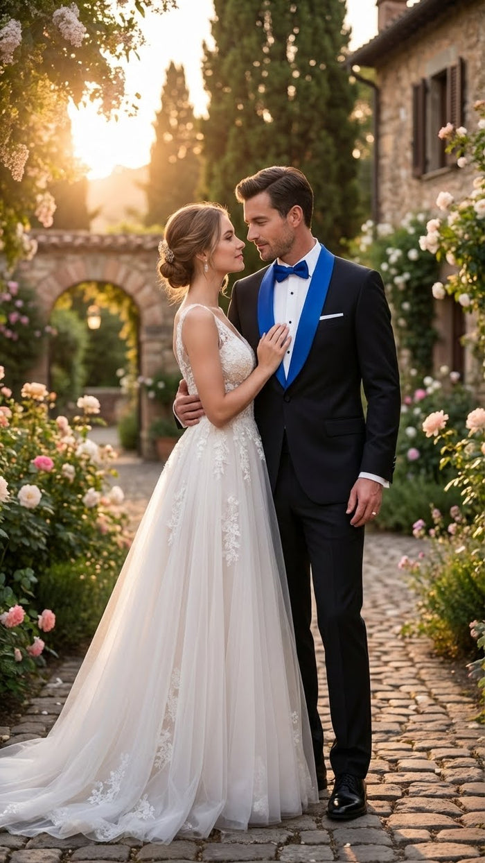 Mens Black Tuxedo with Royal Blue Shawl Lapel | Modern Formal Dinner Jacket Suit + Pants for Weddings, Proms