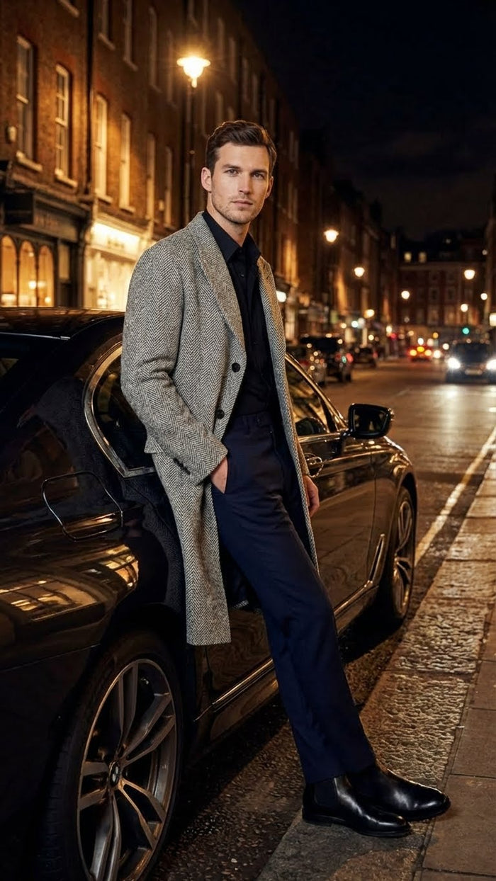 Mens Grey Herringbone Long Overcoat Tweed Black and White Pattern Wool Topcoat Three Qaurter