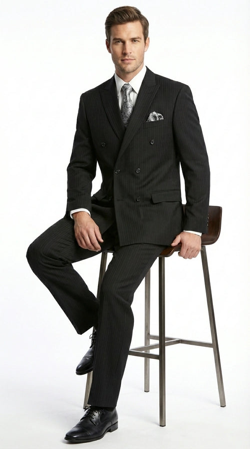 Men’s Black Pinstripe Double Breasted Suit – Peak Lapel Classic Fit Formal Business Conservative settle stripe