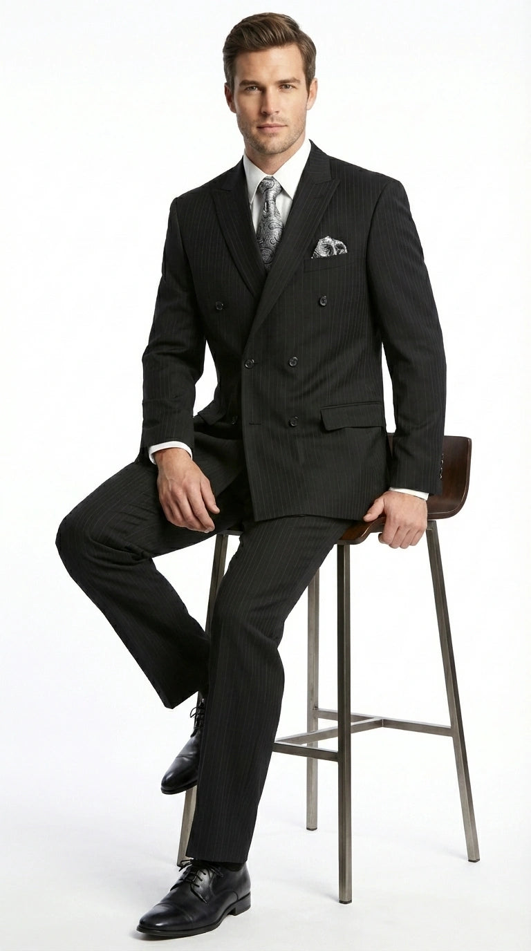 Men’s Black Pinstripe Double Breasted Suit – Peak Lapel Classic Fit Formal Business Conservative settle stripe - 34 Short or Extra Small