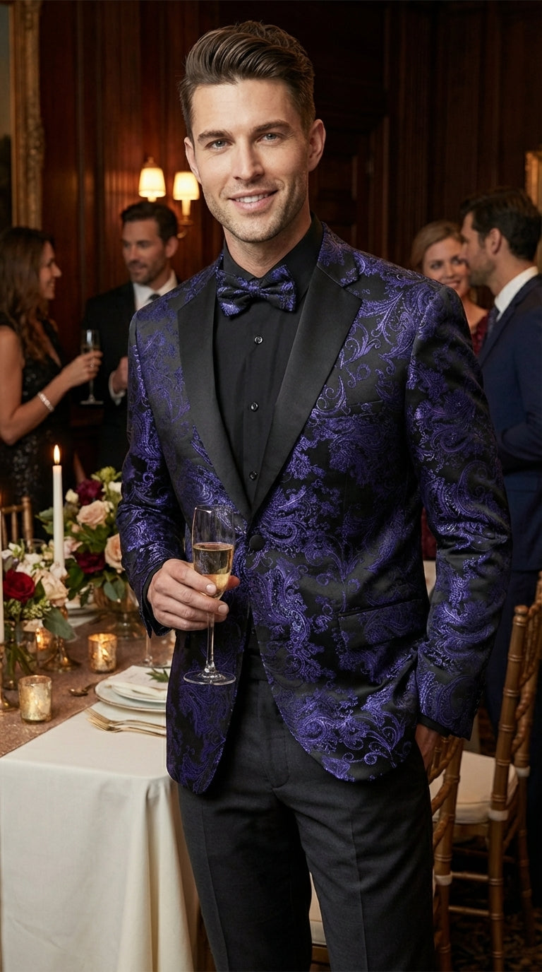 Mens Royal Blue Paisley Jacquard Blazer – Luxury Pattern Tuxedo Dinner Jacket with Black Satin Lapel for Wedding, Prom With Bowtie - 36 Short