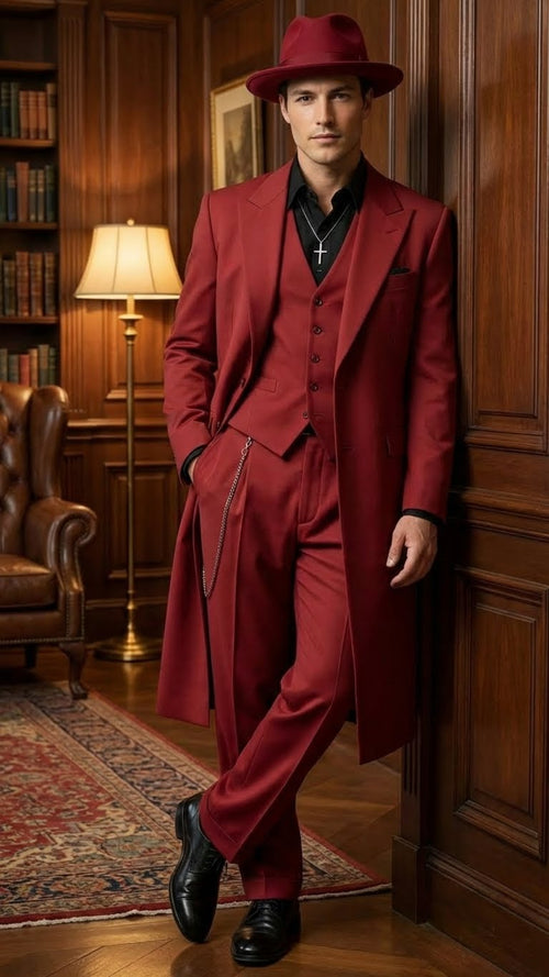 Mens 1920s Burgundy Zoot Suit Long Mafia Gangster Three-Piece Vintage Outfit Zuit Pachuco Style