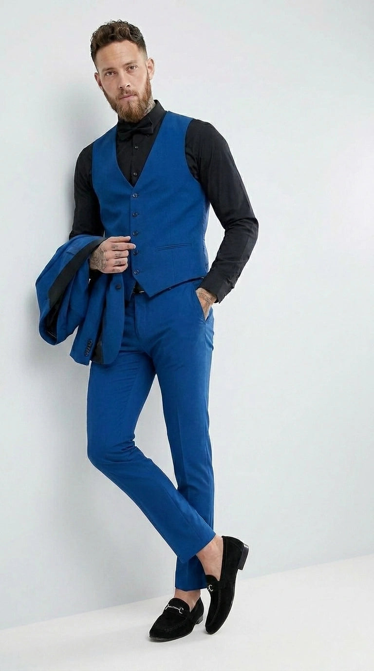 Men’s Royal Blue 3 Piece Suit with Black Lapel – Modern Formal Suit for Wedding, Prom and Party Wear - 34 Short or Extra Small