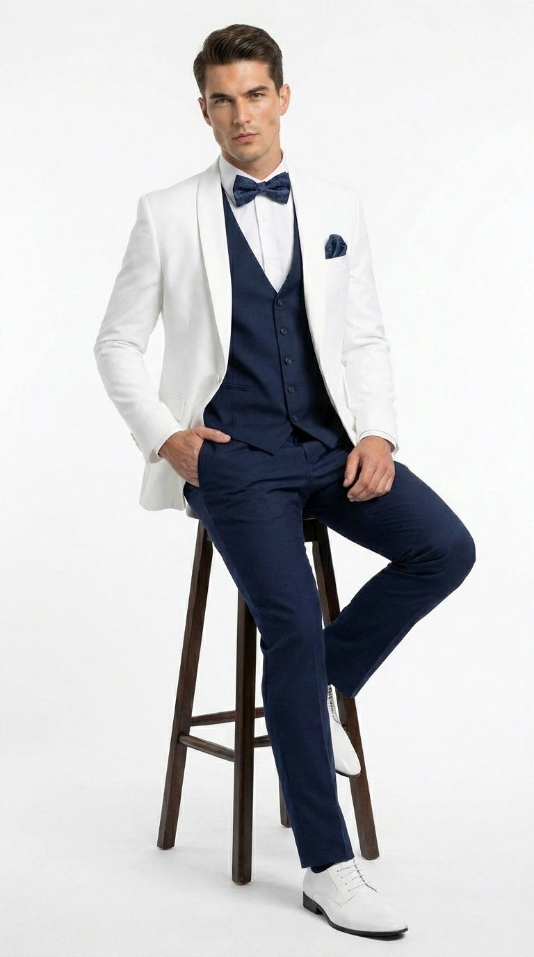 Men’s White and Navy blue tuxedo  3 Piece Suit – Classic White Blazer with Navy Vest and Pants for Wedding, Party + Bowtie - 34 Short or Extra Small