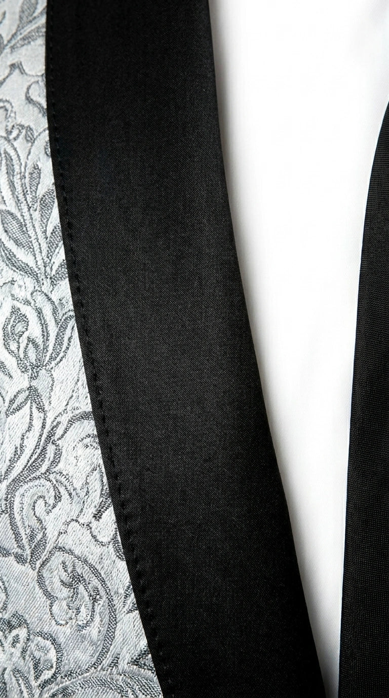 Men’s Silver and Black Floral Blazer – Elegant Formal Tuxedo Style Blazer Jacket for Wedding, Party, Prom and Evening Wear - 36R