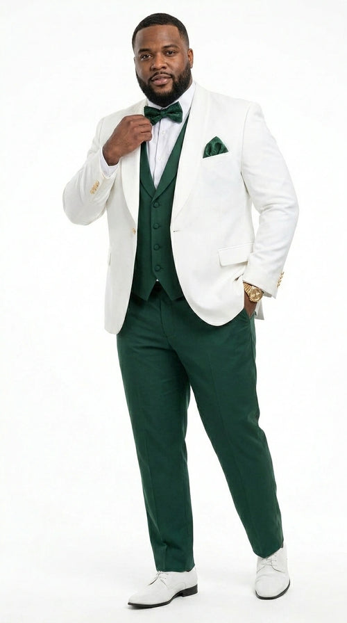 Men’s White and Hunter Green 3 Piece Suit – Elegant Formal Suit with Vest, Wedding Tuxedo Suit for Prom and Party Wear