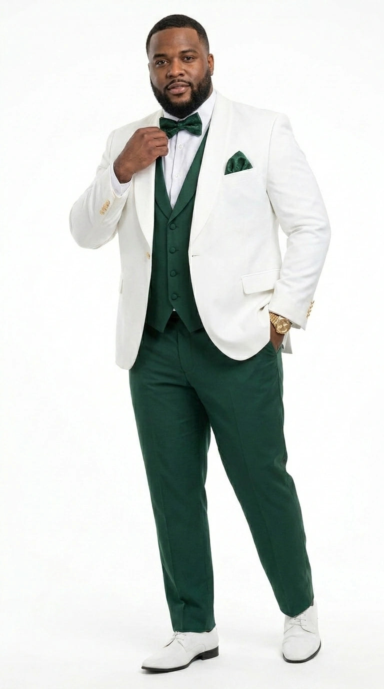 Men’s White and Hunter Green 3 Piece Suit – Elegant Formal Suit with Vest, Wedding Tuxedo Suit for Prom and Party Wear - 34 Short or Extra Small