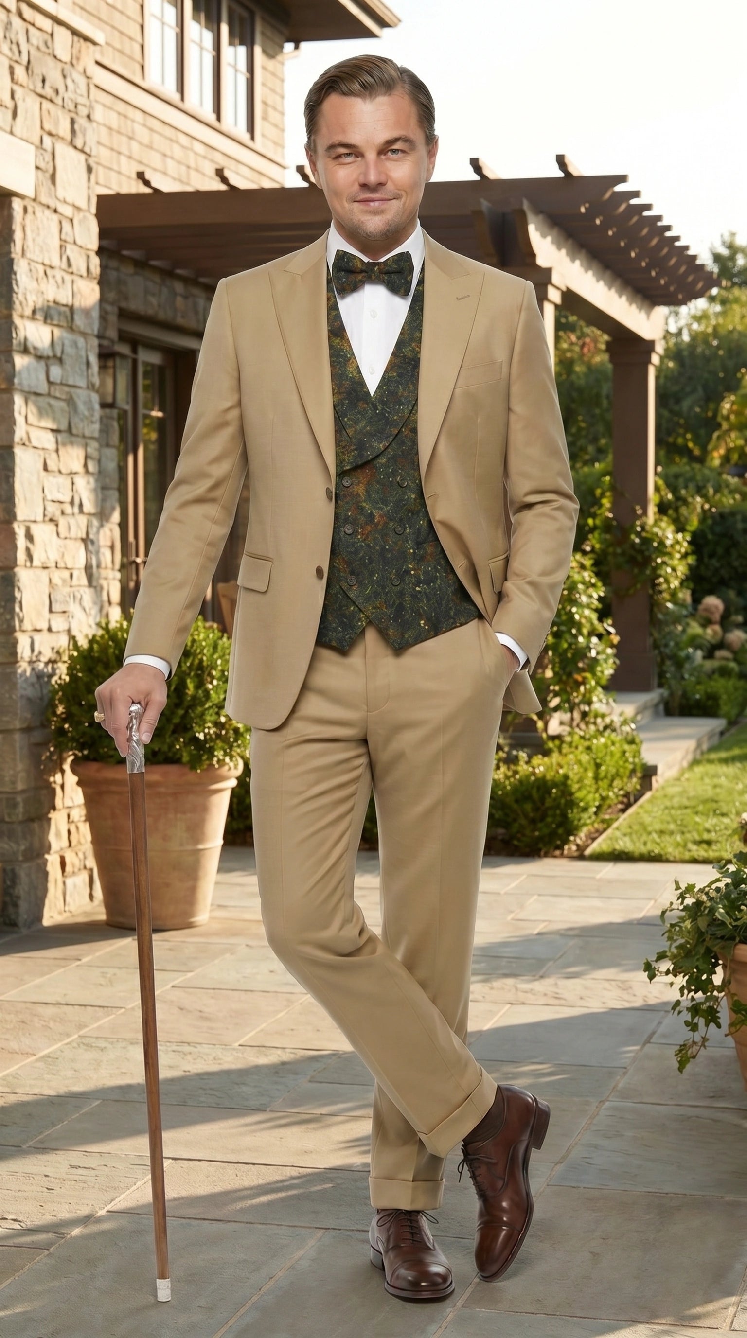 Men’s Khaki 3 Piece Suit with Patterned Vest, Great Gatsby Inspired Formal Suit for Weddings, Mardi Gra in Tan Camel Color - 34 Short or Extra Small