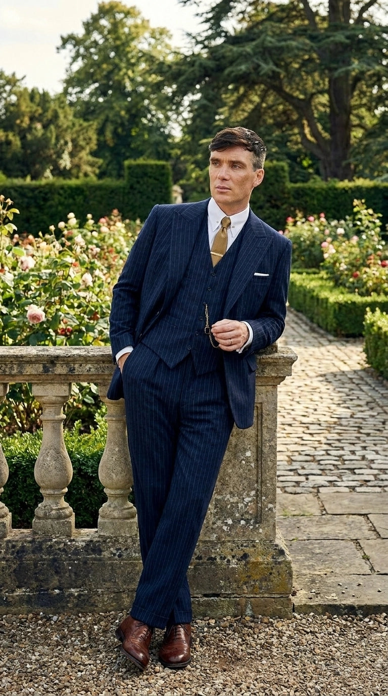 Men’s Navy Blue Pinstripe 3 Piece Suit, Thomas Shelby Inspired Vintage Formal Suit for Weddings, Parties, Prom, and Special Events - 34 Short or Extra Small