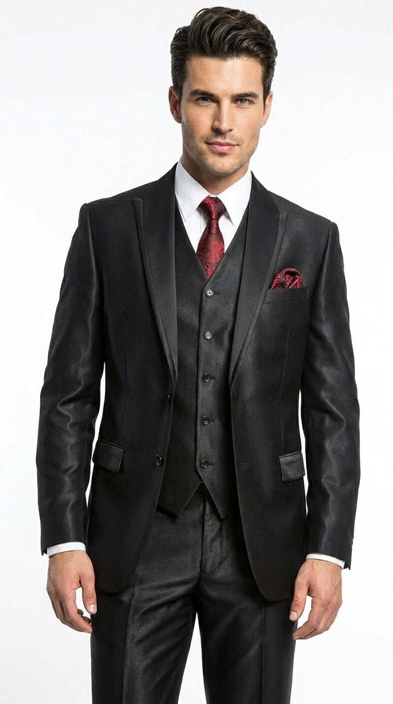 Men’s Black Shiny 3 Piece Tuxedo Groom Suit, Formal Vest Suit for Weddings, Prom, Black Tie Events, Black Lapel - 34 Short or Extra Small