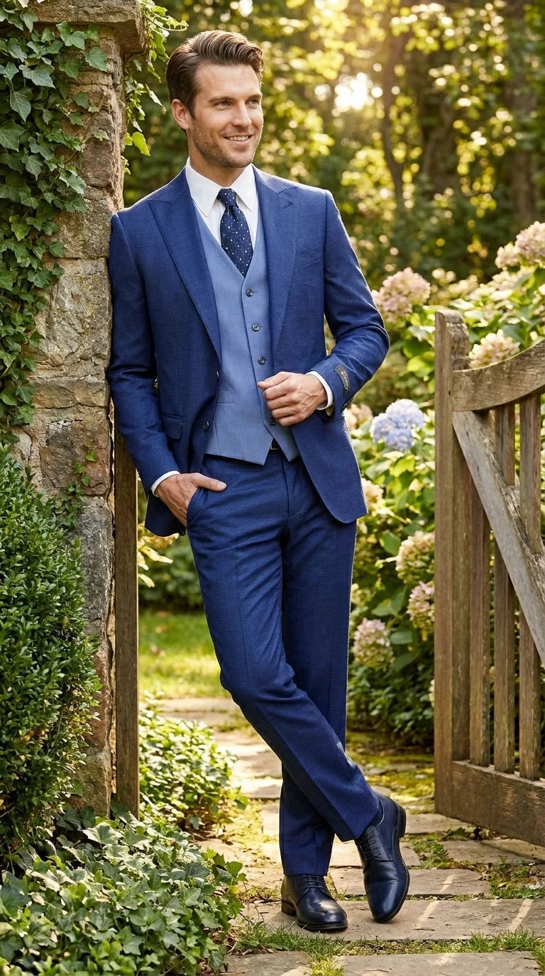 Vitali Men’s Navy Blue 3 Piece Suit with Light Blue Vest, Textured Formal Dress Suit for Weddings, Prom, Business Events, and Parties - 34 Short or Extra Small