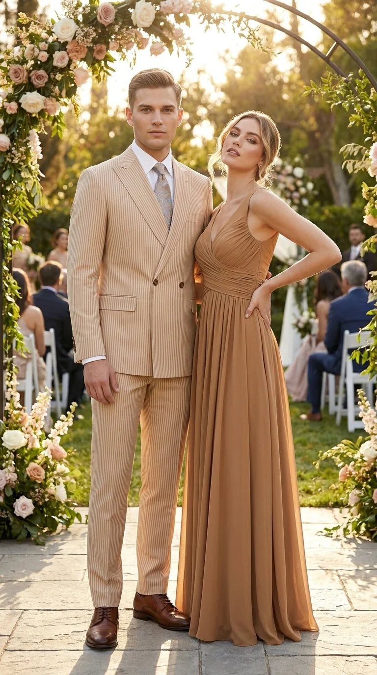 Vitali Men’s Tone on Tone Beige Pinstripe 2 Piece Suit, Double Breasted Summer Dress Suit for Weddings, Tan Beige Shadow Pinstripe - 34 Short or Extra Small