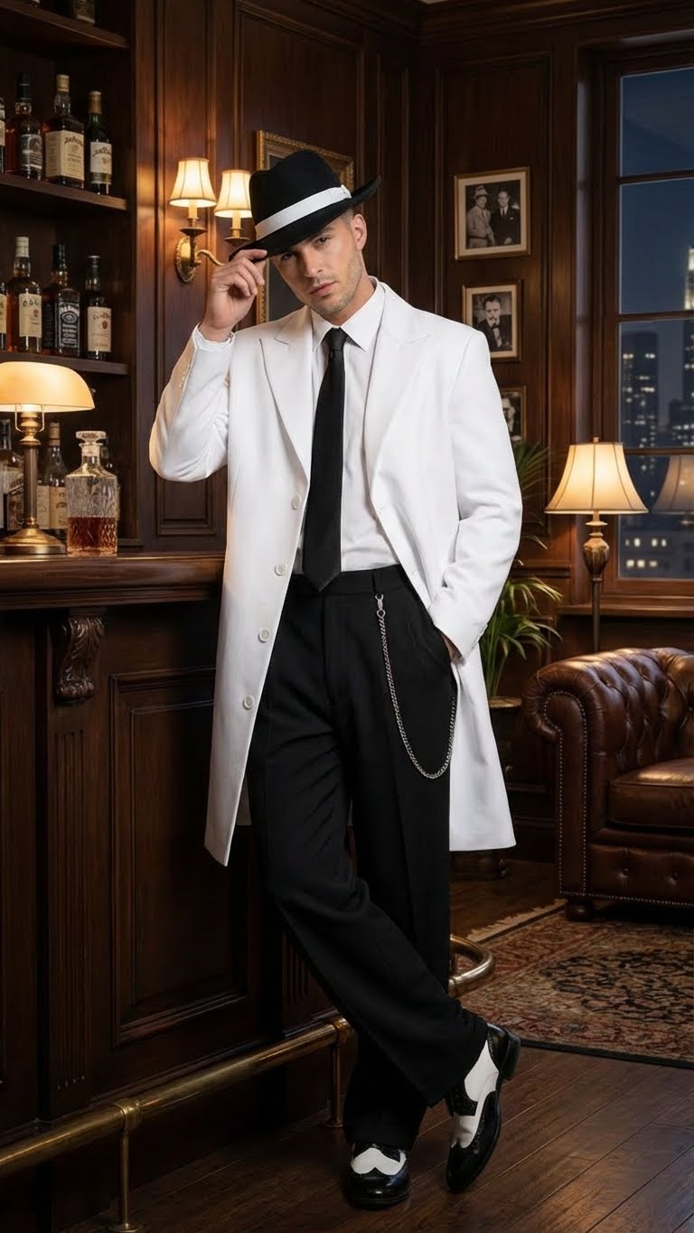Men’s White Zoot Suit Gangster Style Outfit –  White Jacket + Vest + Pants + Shirt & Tie  Combo Package - 34 Short or Extra Small