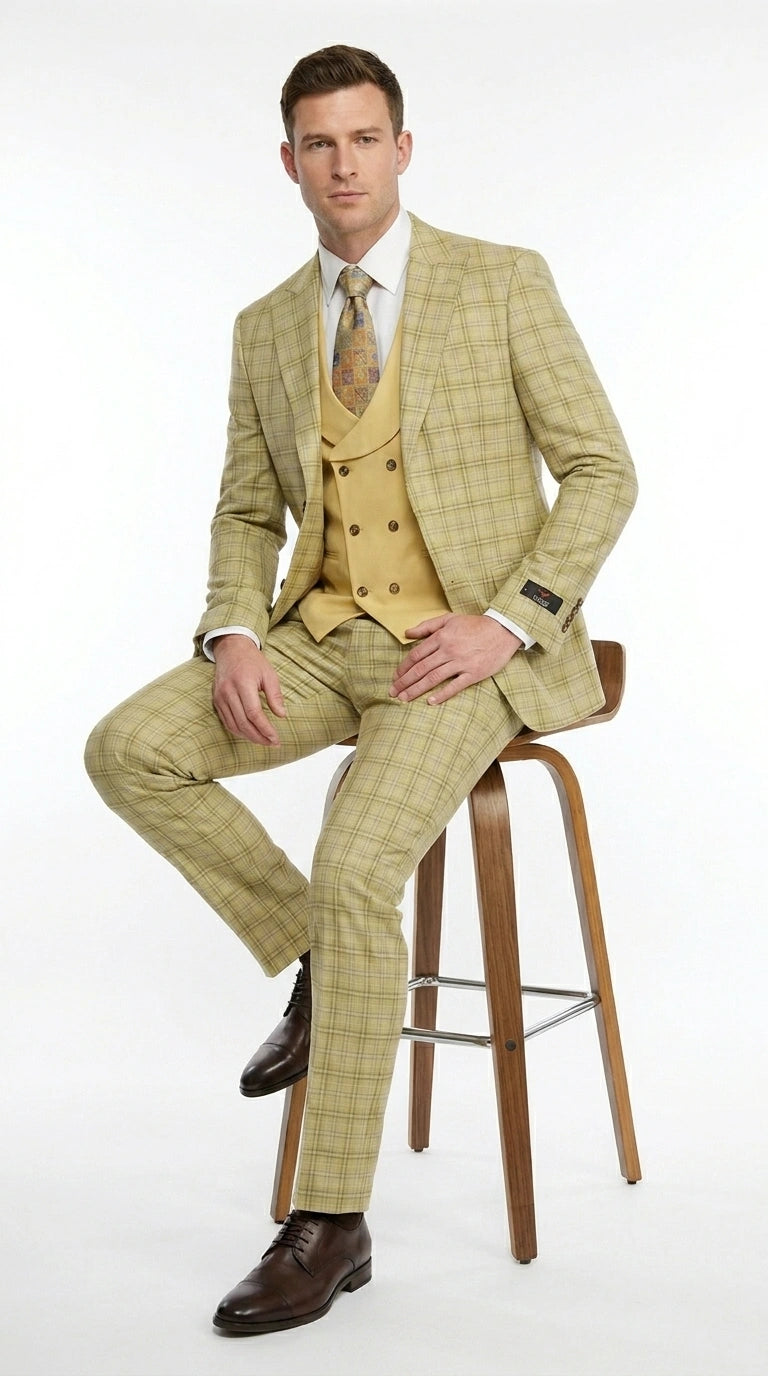 Vitali Men’s Sage Beige Tan Plaid 3 Piece Suit, Check Pattern Formal Dress Suit for Weddings, Prom, Business Events, Modern Fit Light Yellow Color - 34 Short or Extra Small