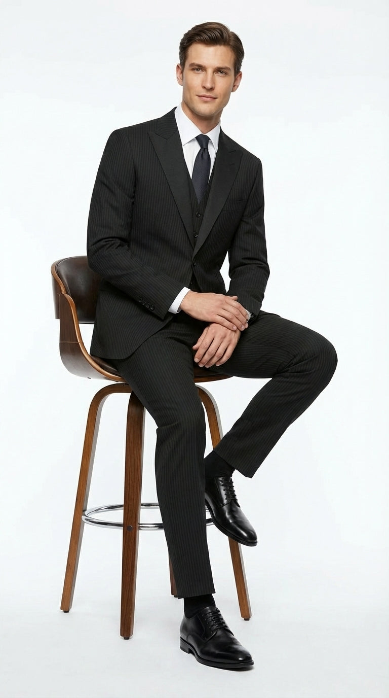 Vitali Mens Black Tone on Tone Shadow Stripe Vested Suit Set – 3 Piece Modern Fit Pinstripe Two Buttons - 34 Short or Extra Small