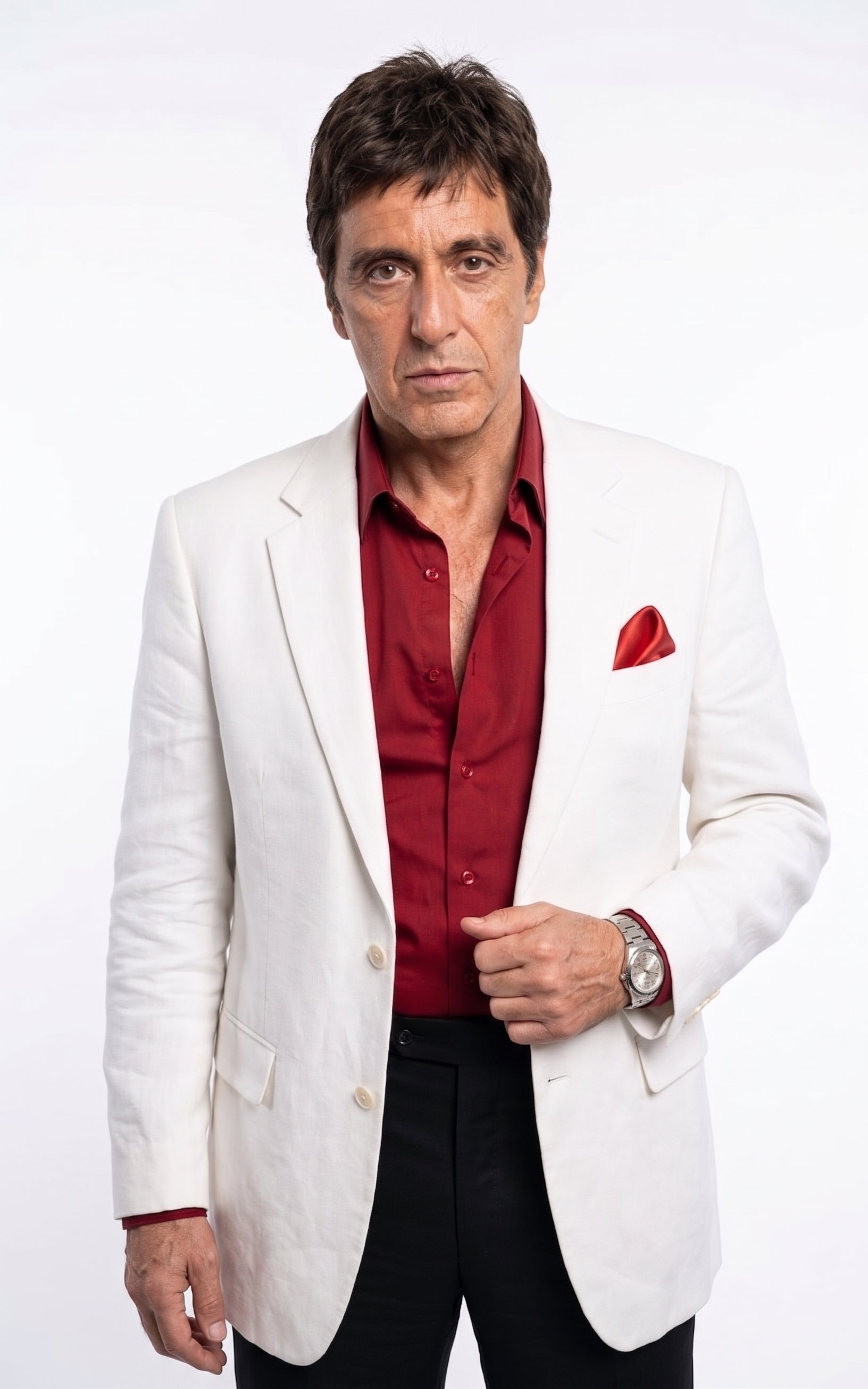 Tony Montana’s White Blazer Red Shirt Black Pants – Men’s White Blazer Outfit with Red Shirt and Black Trousers for Party, Wedding and Vintage Style Wear - 36 Short