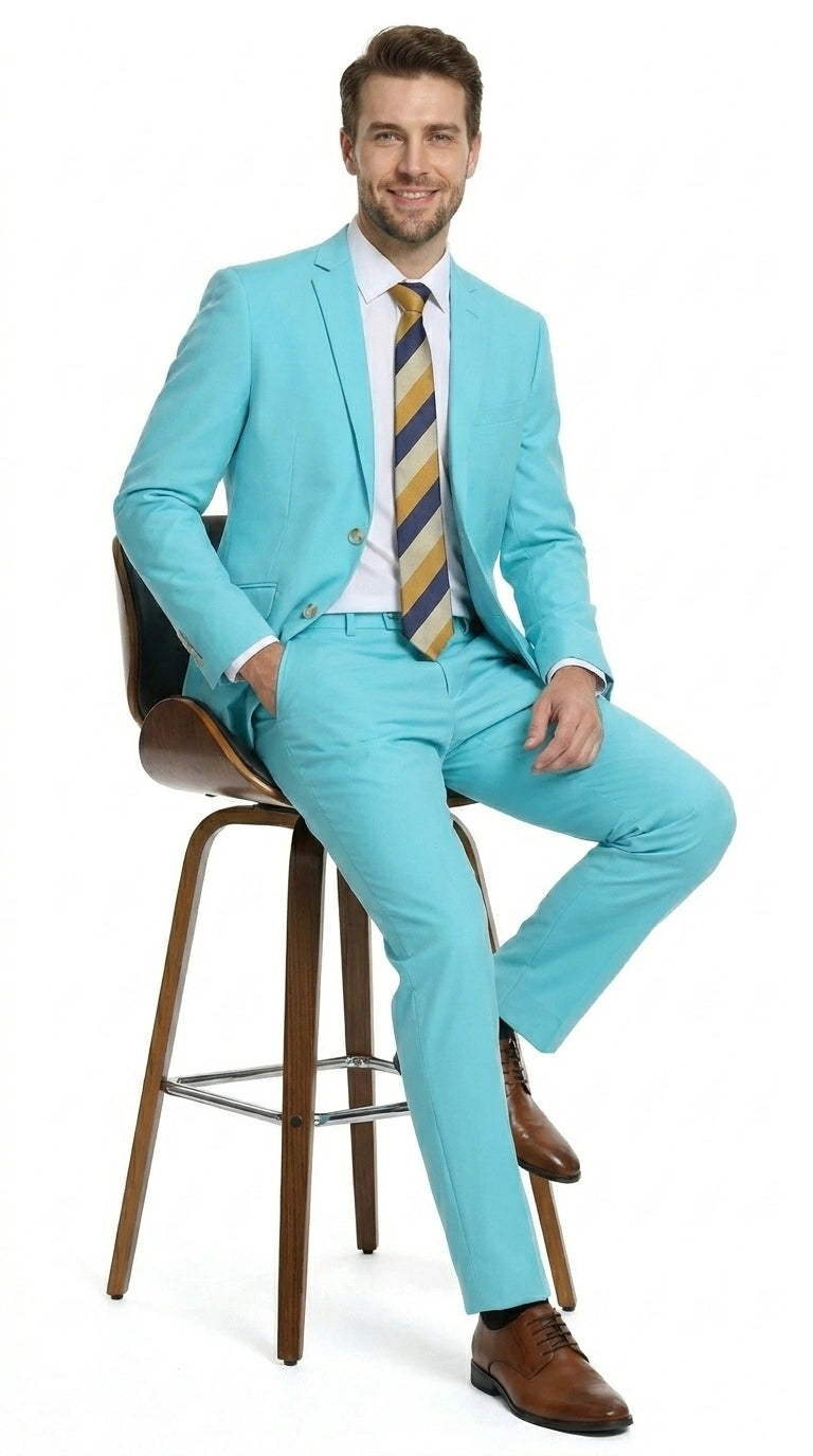 Men’s Aqua Blue 2 Piece 2 Button Suit, Formal Dress Suit for Weddings, Prom, Parties, Summer Events, Turquoise Light blue - 34 Short or Extra Small