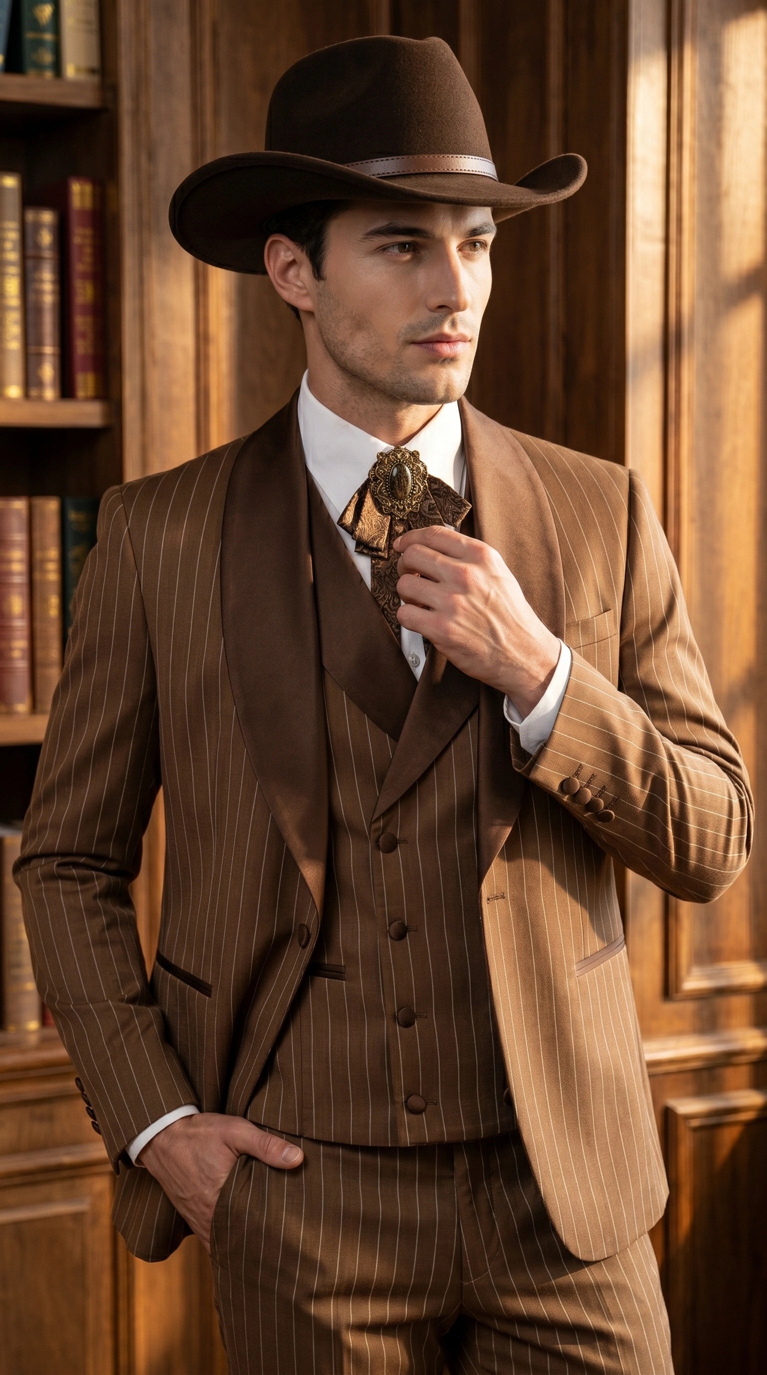 Men’s Brown Pinstripe Western Cowboy Tuxedo, Contrast Shawl Lapel Formal Suit for Weddings, Prom, Parties, and Special Occasions - 34 Short or Extra Small
