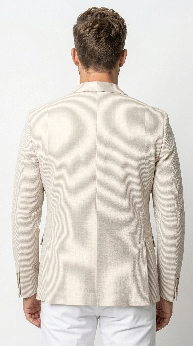 Men’s Beige Seersucker Summer Blazer, Lightweight Striped Sport Coat for Weddings, Parties, Beach Events in Tan Color - 36 Short