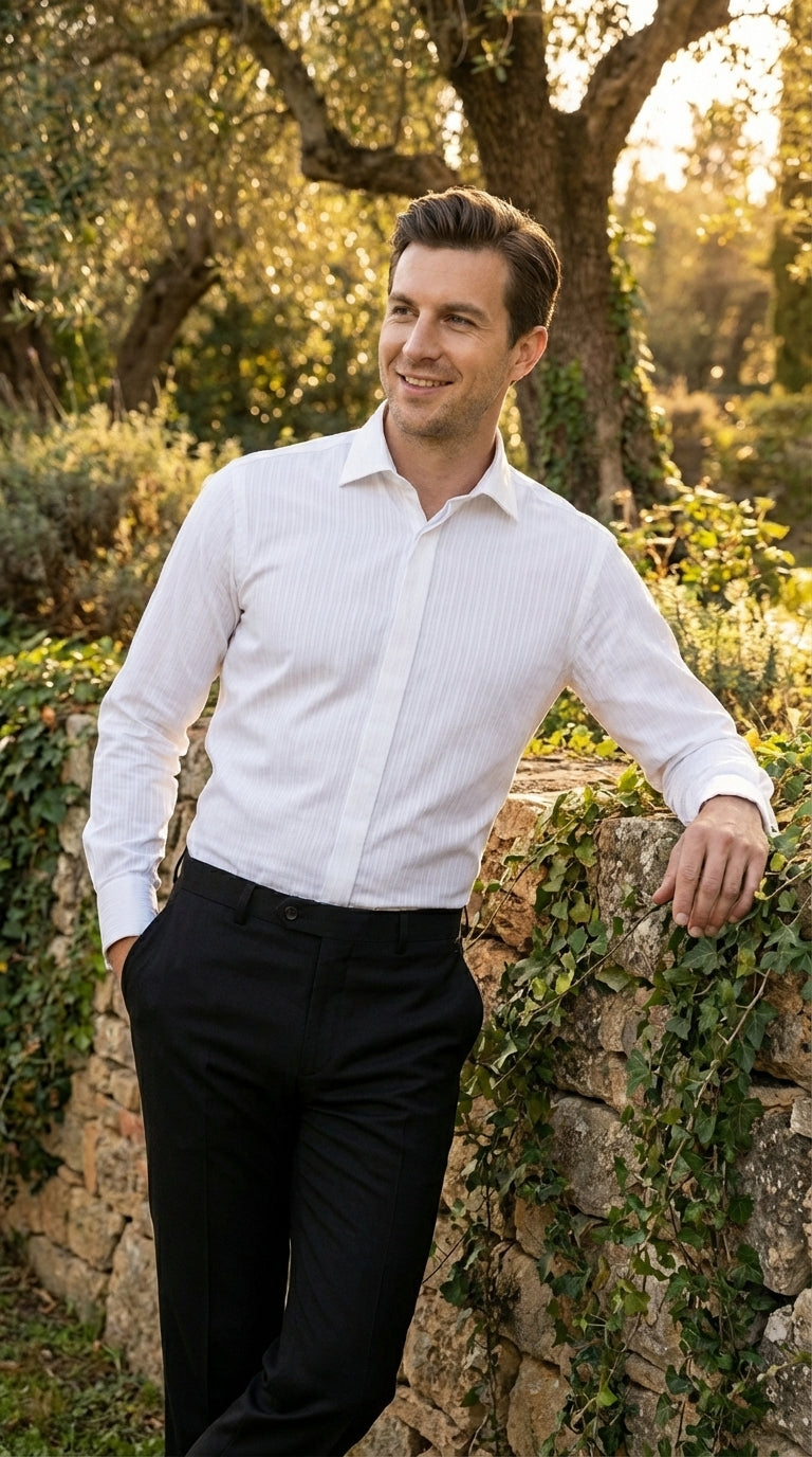 Mens White Herringbone Shadow and Tone on Tone Dress Shirt – Classic Formal Wedding - 15.5"Neck-34-35" Sleeve