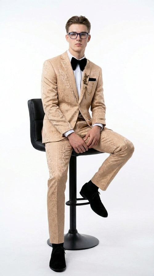 Men’s Champagne Gold Paisley Prom Tuxedo, Formal Dinner Suit for Prom, Weddings, Parties in Tan Color