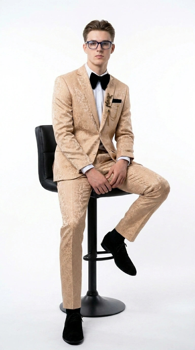 Men’s Champagne Gold Paisley Prom Tuxedo, Formal Dinner Suit for Prom, Weddings, Parties in Tan Color - 34 Short or Extra Small