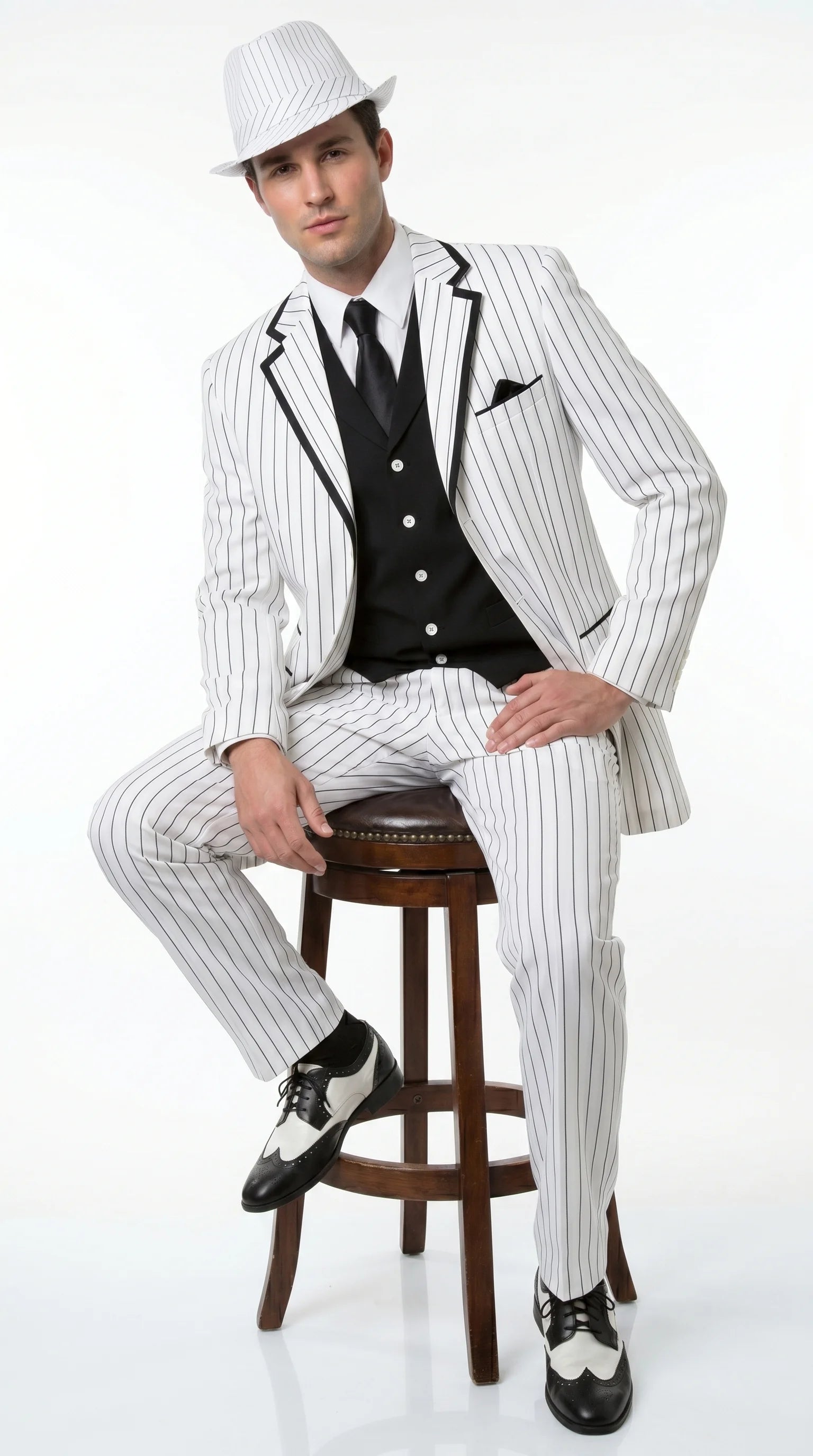 Men’s White Pinstripe 1920s Gangster 3 Piece Suit, Black Contrast Formal Costume Suit for Parties, Prom, Weddings, and Theme Events - 34 Short or Extra Small