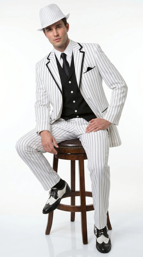 Men’s White Pinstripe 1920s Gangster 3 Piece Suit, Black Contrast Formal Costume Suit for Parties, Prom, Weddings, and Theme Events